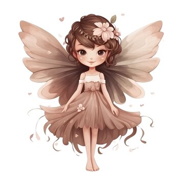 Cute little fairy girl with wings and flowers. Vector illustration.