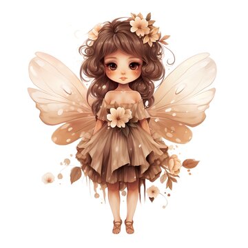 Cute little fairy girl with flowers on her hair. Vector illustration.