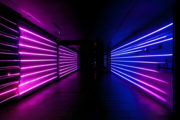 紫色のライトが印象的な回廊, ビル, 廊下, 光, 。サイバーパンクな空間。
