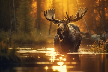 A moose with antlers stands in the water, in a forested area, surrounded by grass and trees. There was sunlight shining on the water from behind the moose. Give a warm atmosphere