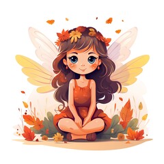 Cute little fairy girl sitting among autumn leaves. Vector illustration.