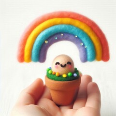 Colorful crocheted characters with a rainbow