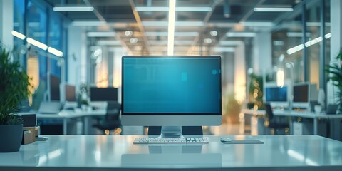Fototapeta premium A sleek computer setup representing modern office space with ambient lighting and clean design