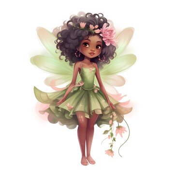 Cute little African American girl in green dress with flowers. Vector illustration.