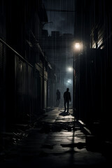 A man walks down a dark alleyway with a woman in the background