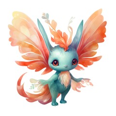 Cute watercolor illustration of a blue hare with wings and feathers