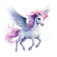 Unicorn with wings. Watercolor illustration isolated on white background.