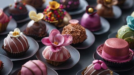Discover an array of delightful truffles elegantly presented in charming hat shaped boxes perfect for celebrating Mother s Day - obrazy, fototapety, plakaty