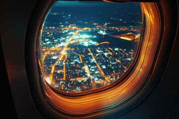 view of an urban cityscape at night with glowing lights from the airplane window