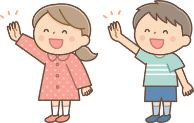 笑顔で手をあげる男の子と女の子