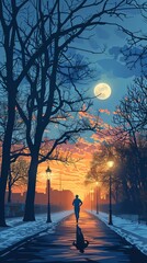 Depict Health and Enhanced Mental Health, illustrating a jogger in a peaceful park at dawn - obrazy, fototapety, plakaty