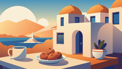 A charming illustration of a quaint Greek taverna with plates of loukoumades served alongside steaming cups of coffee. These fluffy little