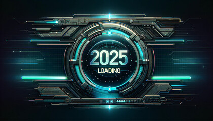 A futuristic computer game dystopian loading screen for the year new 2025. - obrazy, fototapety, plakaty