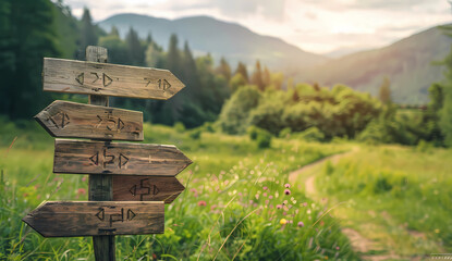 Wooden road sign with arrows pointing in different directions on beautiful green meadow