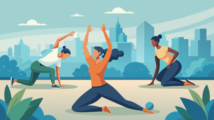 In a bustling city park a group of office workers enjoy a lunchtime stretching session led by their energetic trainer. As they perform a
