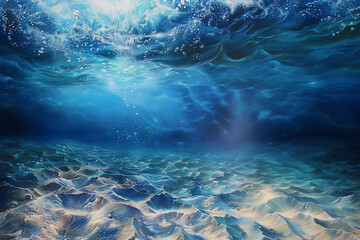  Underwater view of the sea surface with sunbeams and rays 