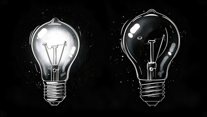 Black and white vector illustration of two light bulbs