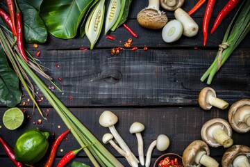 Flat lay of fresh ingredients, including lemongrass, chili, lime, mushrooms, prepared for making Tom Yam soup.