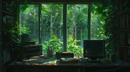 Jungle Desk Scene: Lofi Anime Manga Style, Messy Desk, Colorful Study, Cozy Chill Vibes