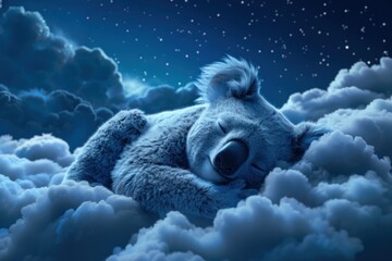 An enchanting digital art piece depicting a koala sleeping peacefully on fluffy clouds against a night blue sky.