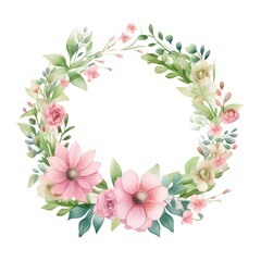 Watercolor floral wreath with pink flowers and green leaves, hand painted isolated on white background