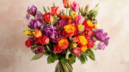 Surprise your beloved with a vibrant bouquet of fresh flowers this St Valentine s Day featuring a captivating mix of roses tulips and irises the perfect holiday gift straight from the heart