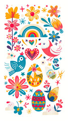 easter vector set, flower, cloud, sparkle, heart, rainbow, bold colors, peculiar collotype art