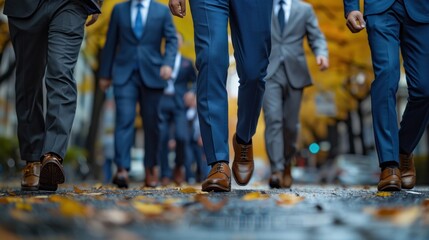 The lower half of businessmen in suits walking on a city street with autumn leaves.