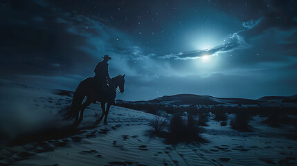 picture a man ride horse in desert