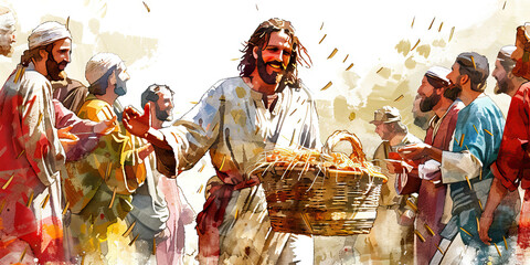 Miracle Worker: The Overflowing Basket and Amazed Onlookers - Visualize Jesus with a basket overflowing with food and people looking on in amazement, illustrating his ability to perform miracles - obrazy, fototapety, plakaty