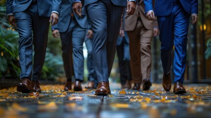 The lower half of businessmen in suits walking on a city street with autumn leaves.