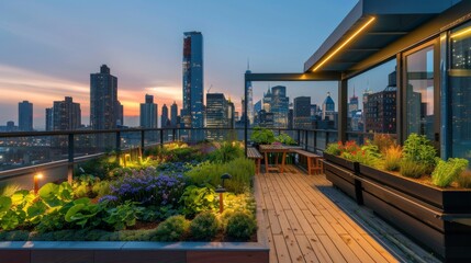 A rooftop garden with a view of the city. - obrazy, fototapety, plakaty