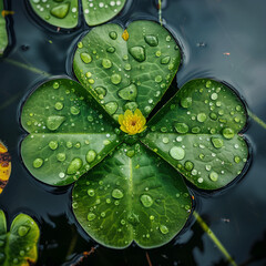 a four leaf clover is sitting on a rock in the water with rain drops on it's surface and a green plant in the background with water droplets on the surface,