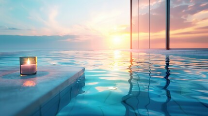 A photo of a swimming pool at sunset. The pool is surrounded by a fence and there is a tree in the background. - obrazy, fototapety, plakaty