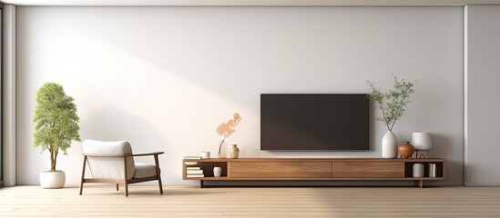 Wooden chair by window in living room with wallmounted TV
