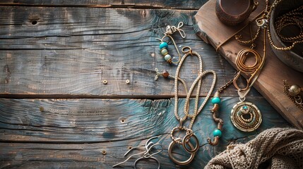 A wooden table with a collection of antique gold and turquoise jewelry. - obrazy, fototapety, plakaty