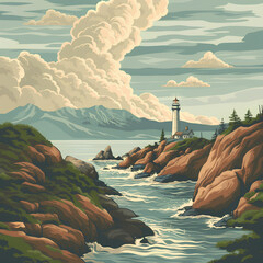 A rocky shore with crashing waves a lighthouse and a distant mountain 