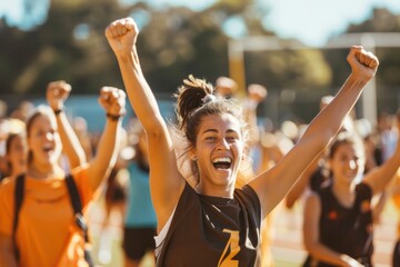 Energetic young female athlete celebrating a victory at a sports event with a crowd behind her.