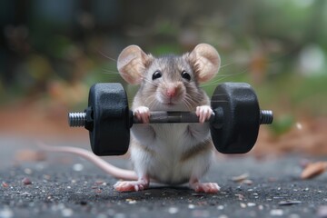 A humorous image of a mouse lifting a weight on a street. Adorable little mouse lifting weights