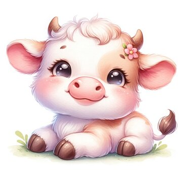 illustration A cute cow watercolor clipart of a tree, with soft colors and white background. The tree should be full and lush, with a wide canopy of leaves