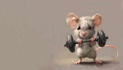 Adorable little mouse lifting weights. Illustration of a cute mouse lifting a barbell with a whimsical expression.