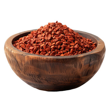 An eye catching image featuring annatto organic seeds presented in a rustic wooden bowl sourced from the Bixa Orellana tree and set against a clean transparent background