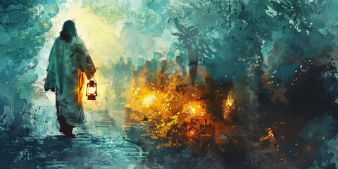 Guide: The Lantern and Narrow Path - Imagine Jesus holding a lantern and leading people down a narrow path, illustrating his role as a guide. 