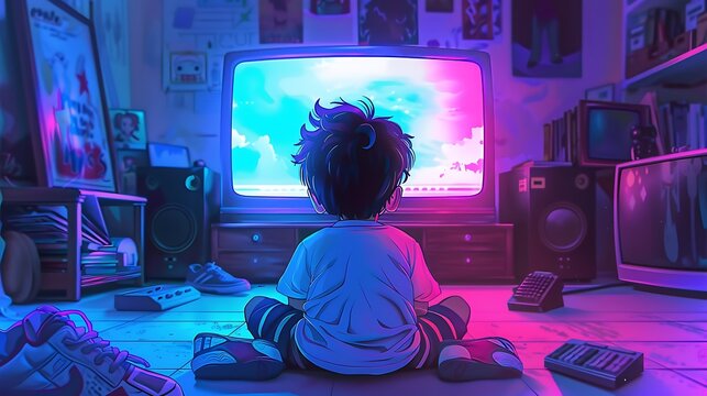 Retro Anime Session: Nighttime TV Viewing in 90's Room, Pastel Colors, Cozy Atmosphere