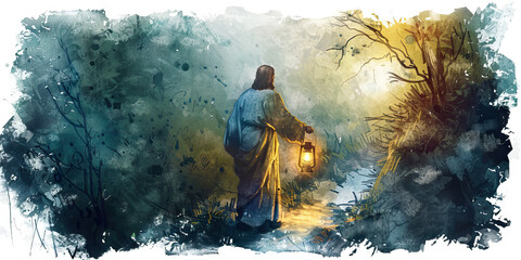 Guide: The Lantern and Narrow Path - Imagine Jesus holding a lantern and leading people down a narrow path, illustrating his role as a guide.  - obrazy, fototapety, plakaty