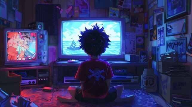 Anime Night: Sitting in 90's Room, Facing TV, Pastel Colors, Cozy Atmosphere