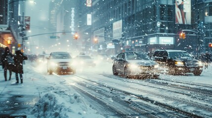 a snow covered urban city road with traffic lights on street with cars while snow fall at night - Powered by Adobe