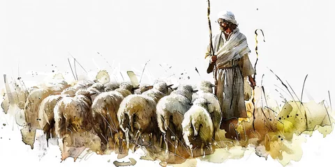 Fotobehang Shepherd: The Flock of Sheep and Protective Staff - Visualize Jesus with a flock of sheep and a protective staff, illustrating his role as a shepherd. © Lila Patel