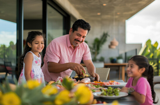 A happy father in his late thirties with black hair and beard, wearing a pink shirt is grilling on an electric grill outside at a family gathering