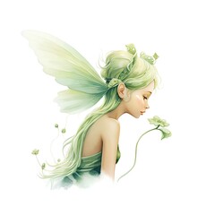 Watercolor illustration of a beautiful fairy with green hair and flowers.